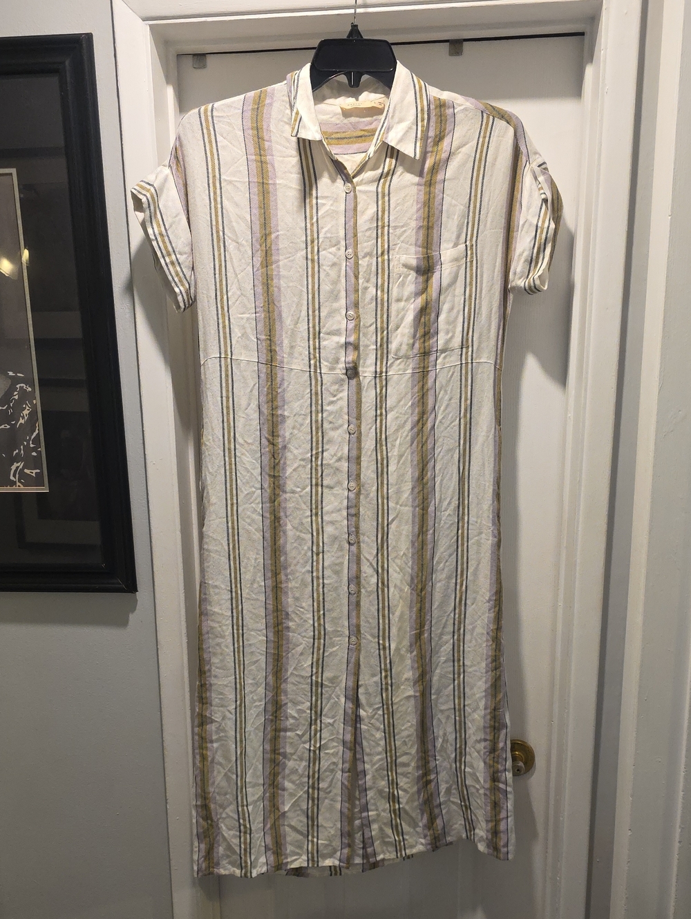 Harper Striped Button-Front Shirt Dress in Cream, Olive, and Lavender